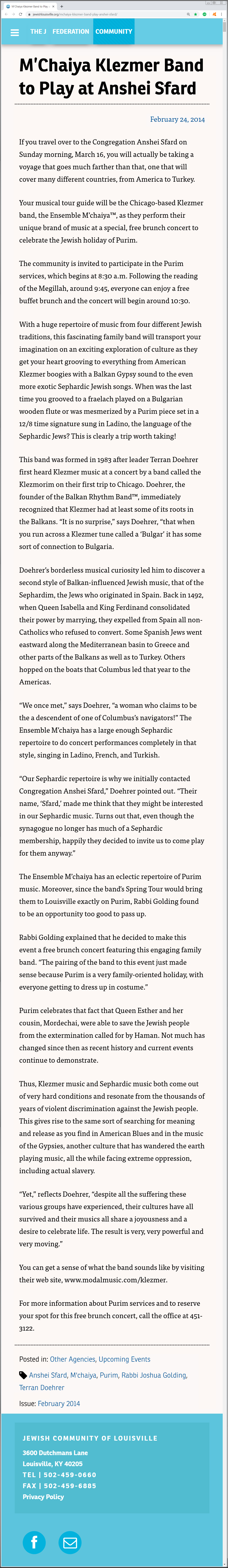 Article on the Louisville, Kentucky Jewish Federation’s February 14, 2014 Jewish Community News web page about the Ensemble M’chaiya (tm).